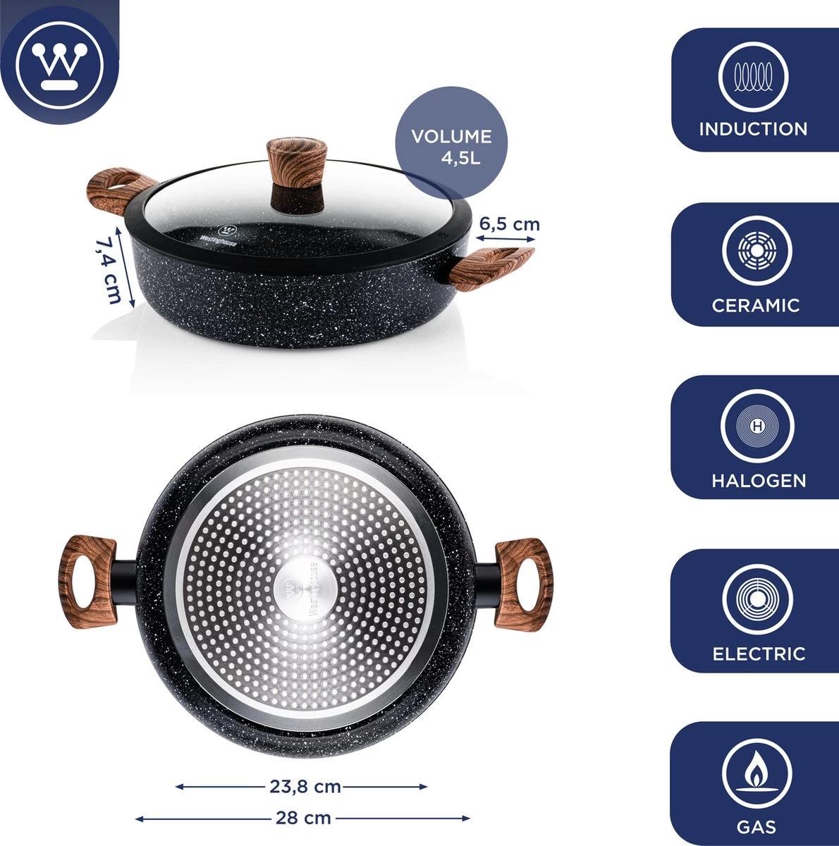 Westinghouse Pannenset Marble Wood (Wokpan ø 30 Cm + Braadpan + Hapjespan ø 28 Cm) - Inductie En Alle Andere Warmtebronnen - Afbeelding 5