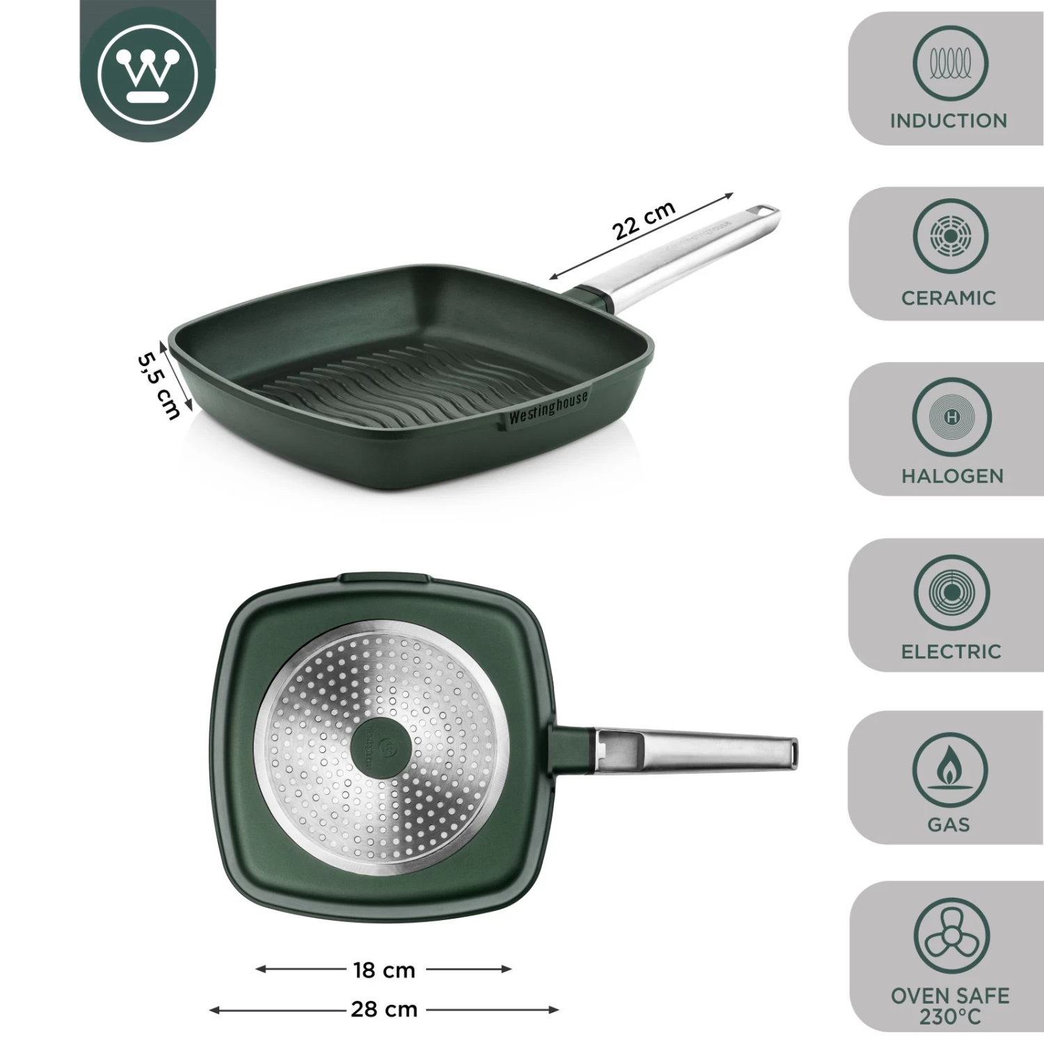 Westinghouse Grillpan Performance - Gracious Green - 28 X 28 Cm - Standaard Anti-aanbaklaag - Afbeelding 3