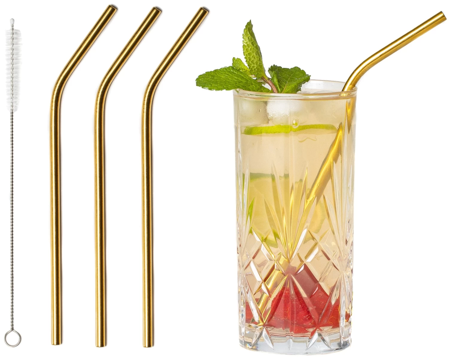 Sareva Herbruikbare Rietjes - Met Borstel - Goud - Gebogen - 4 Stuks
